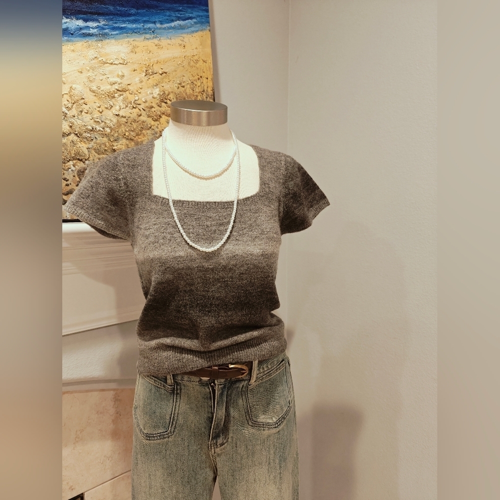 Gradient Knit wool Top | Soft Stretchy Ombre Sweater Tee | Square Neck